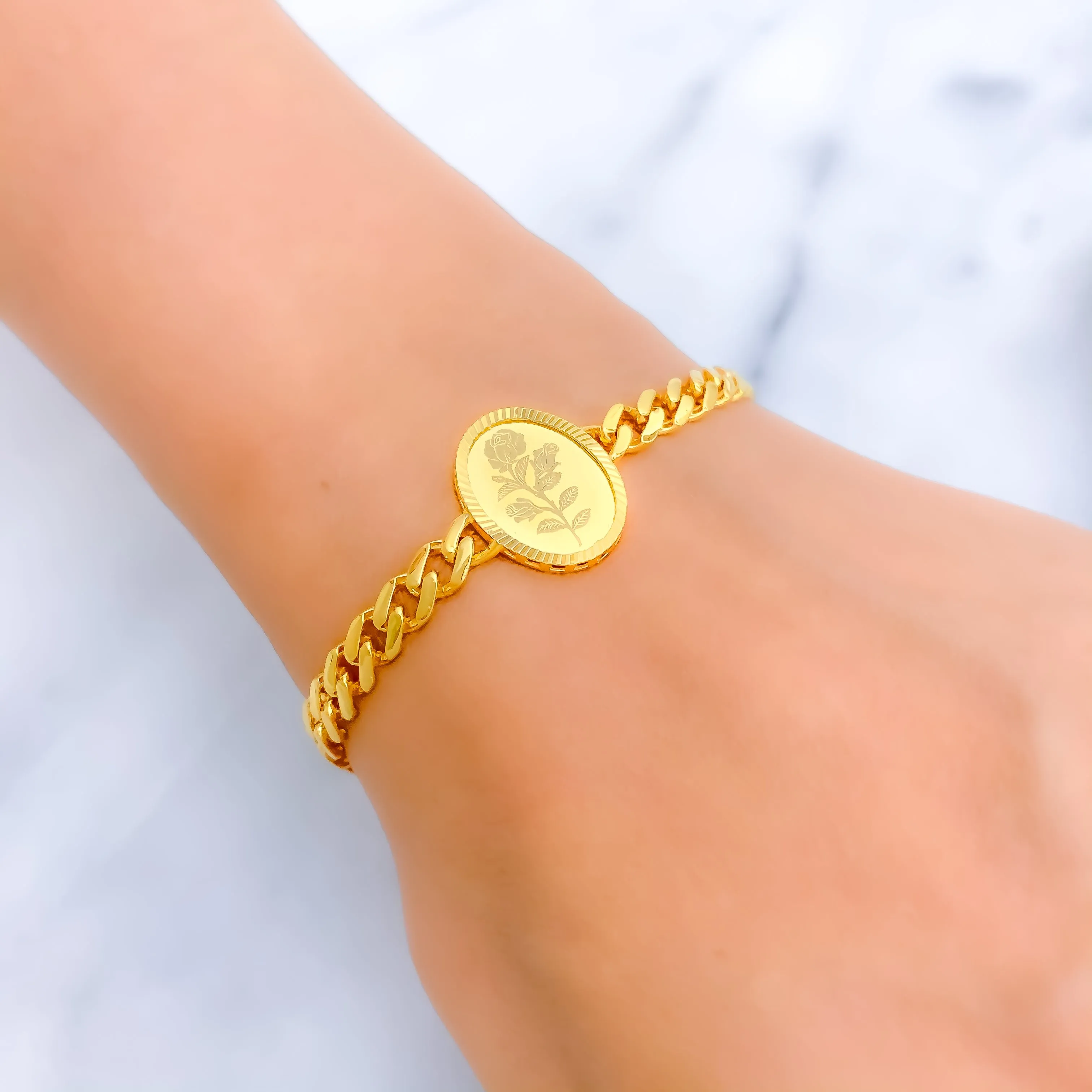 Beautiful Floral Oval 21k Gold Coin Bracelet