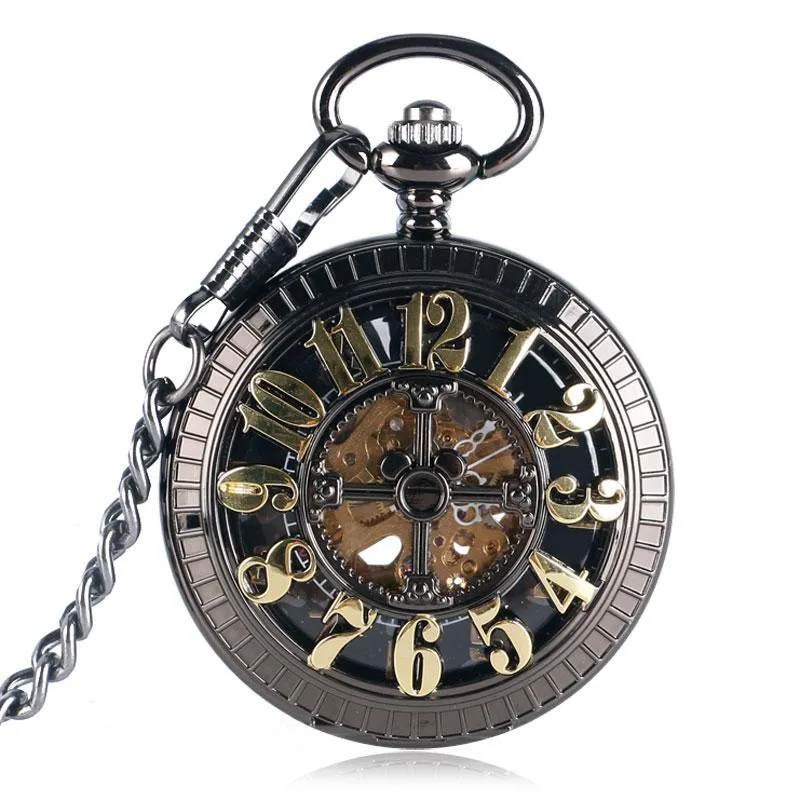 Black Metal Pocket Watch with Hollow Mouse Logo and Gold Numbers