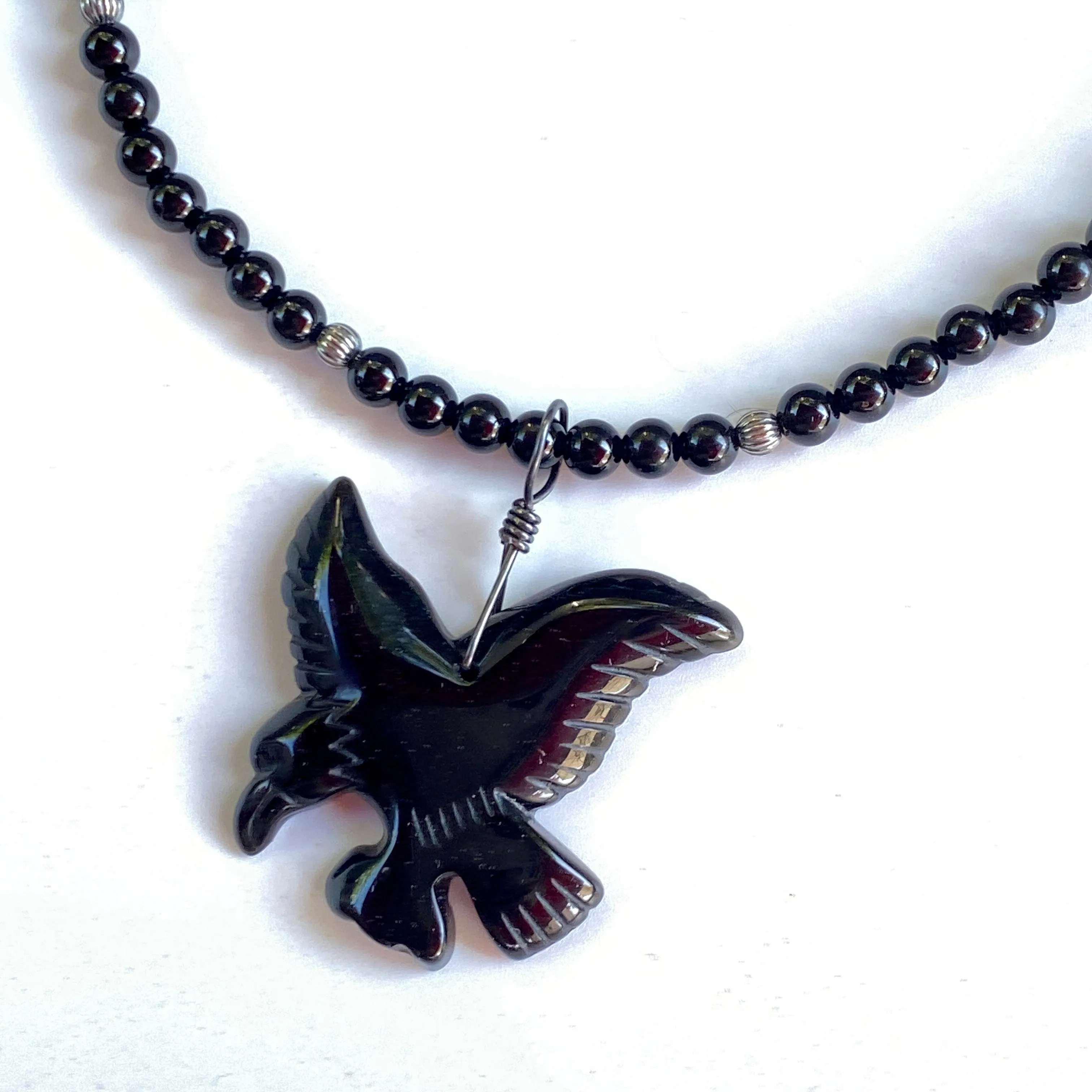 Black Obsidian gemstone Eagle on onyx beaded Necklace