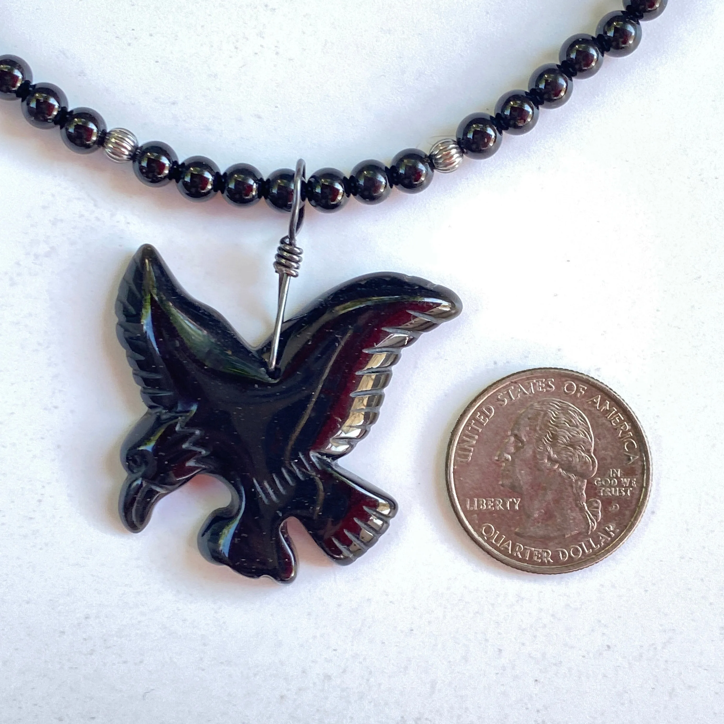 Black Obsidian gemstone Eagle on onyx beaded Necklace