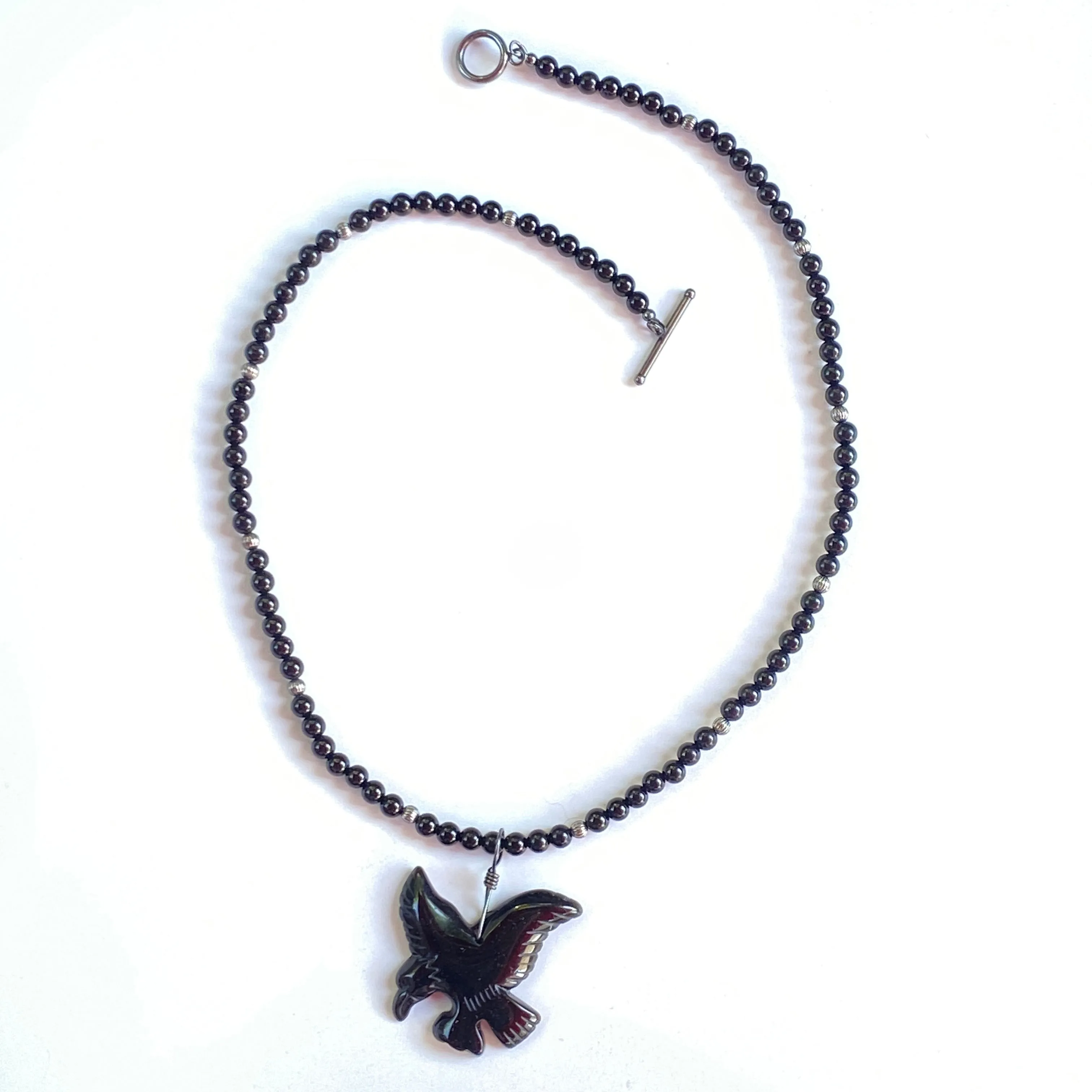 Black Obsidian gemstone Eagle on onyx beaded Necklace