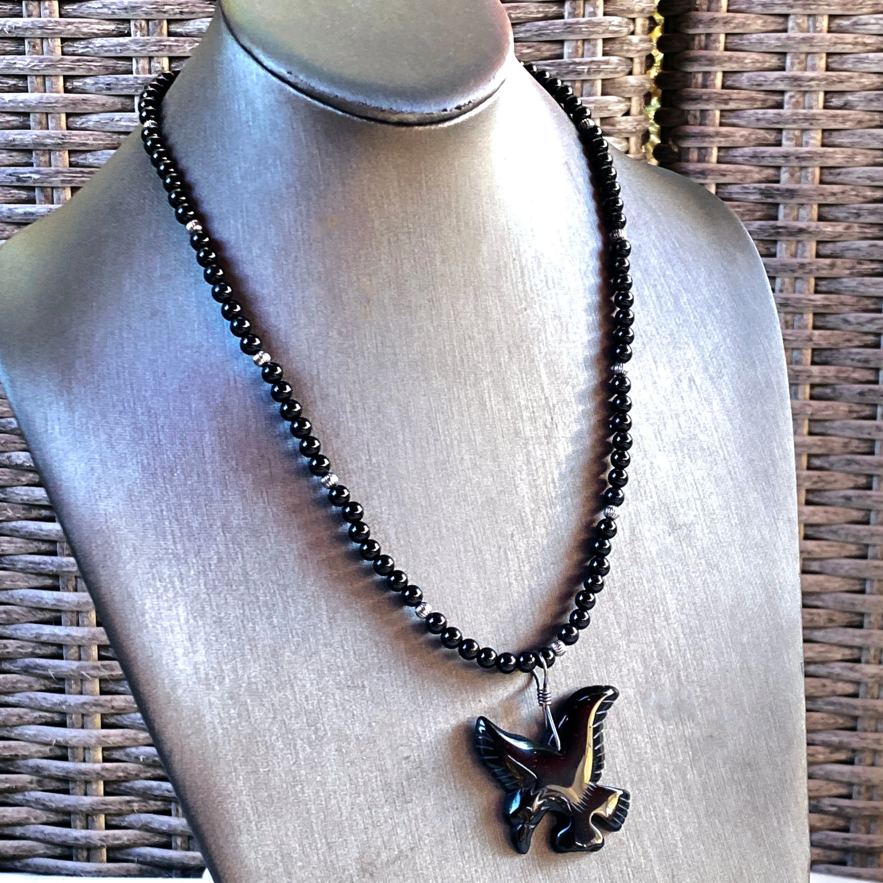 Black Obsidian gemstone Eagle on onyx beaded Necklace