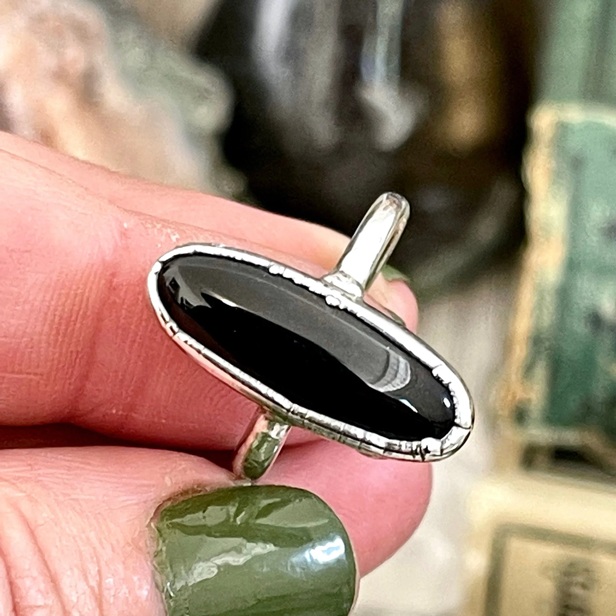 Black Onyx Oval Stone Ring in Fine Silver Size 6 7 8 9  10 / Foxlark Collection