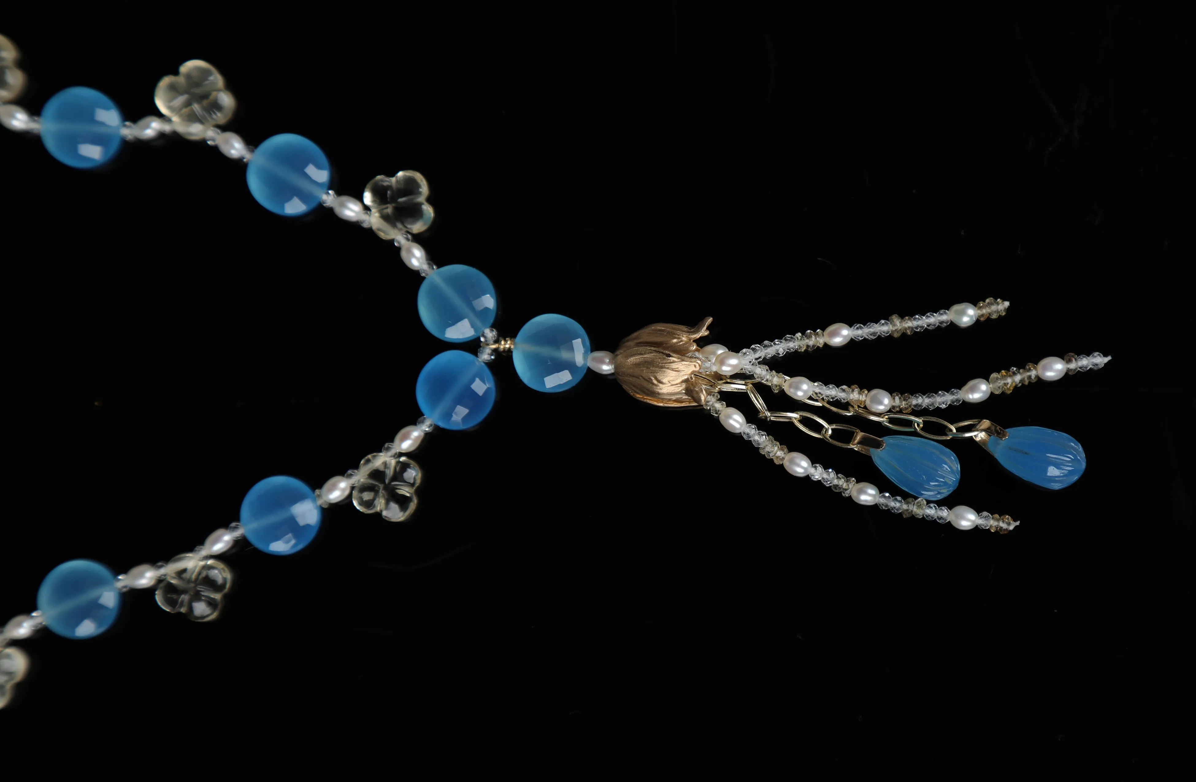 Blue Chalcedony, Scapolite, White Topaz, Pearl, and Yellow Gold Necklace