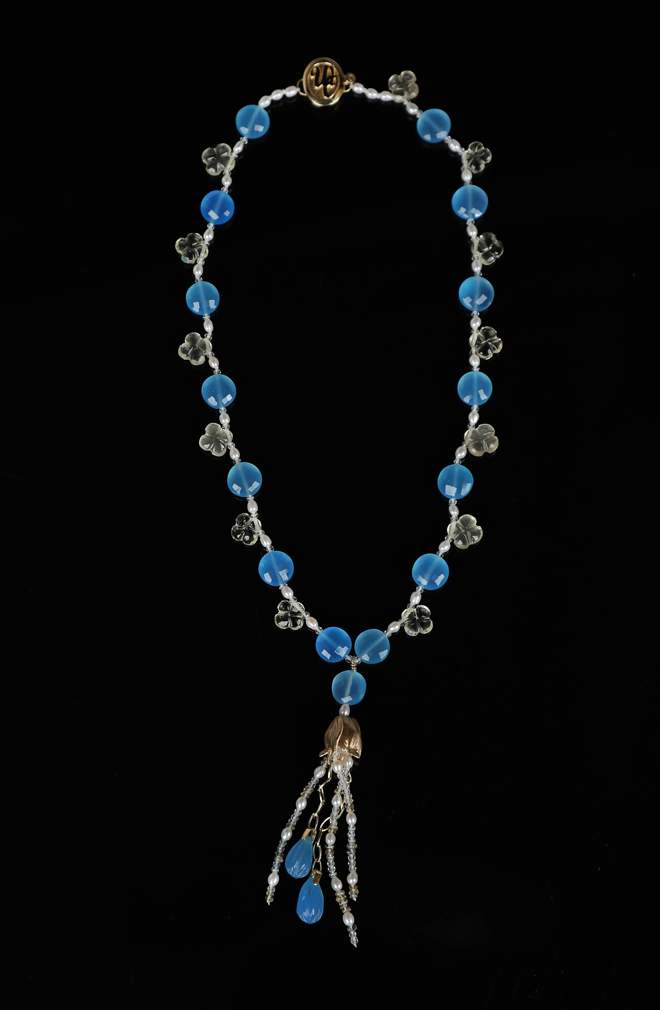 Blue Chalcedony, Scapolite, White Topaz, Pearl, and Yellow Gold Necklace