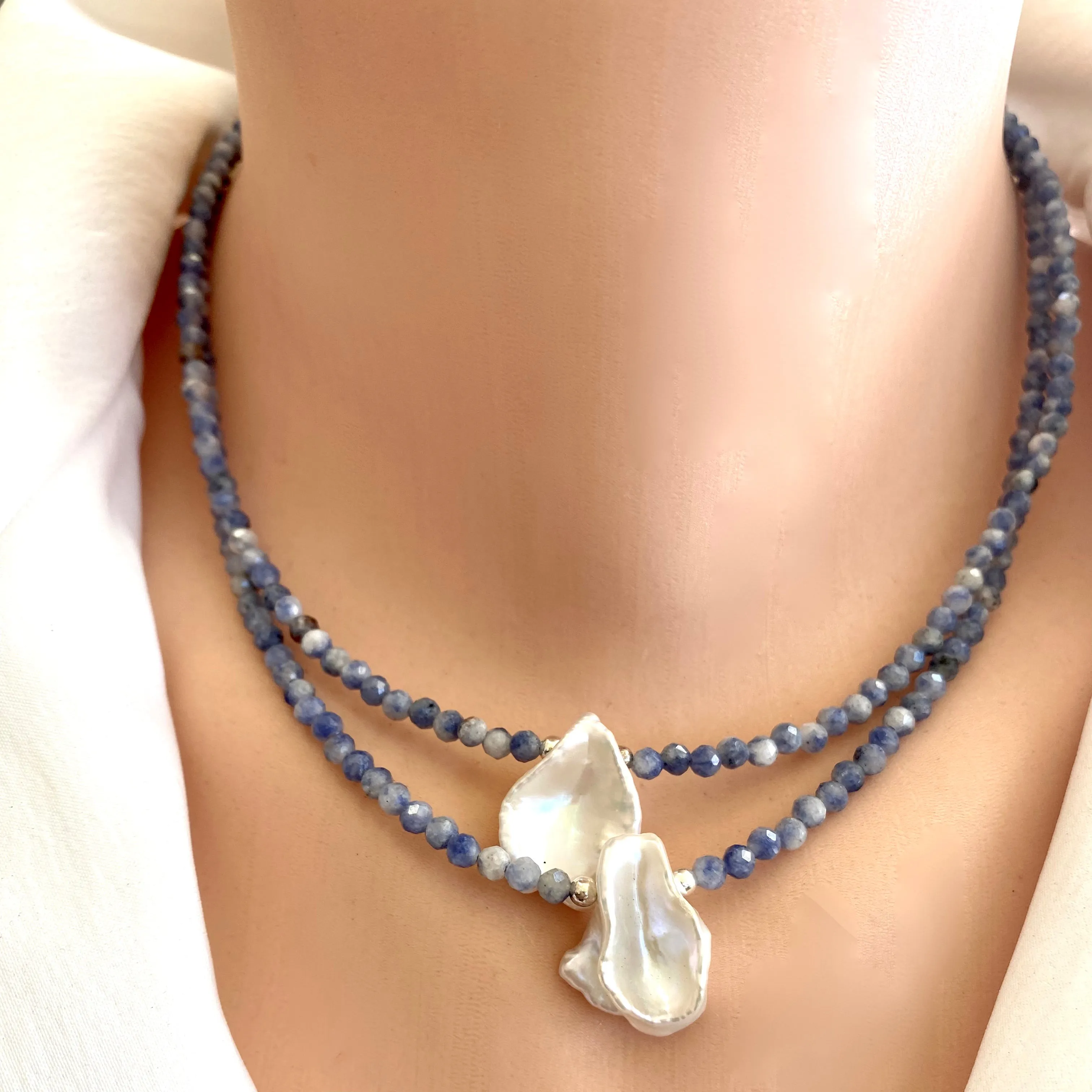 Blue Sodalite and White Keshi Pearl Minimalist Necklace, Sterling Silver, 16or 17inches