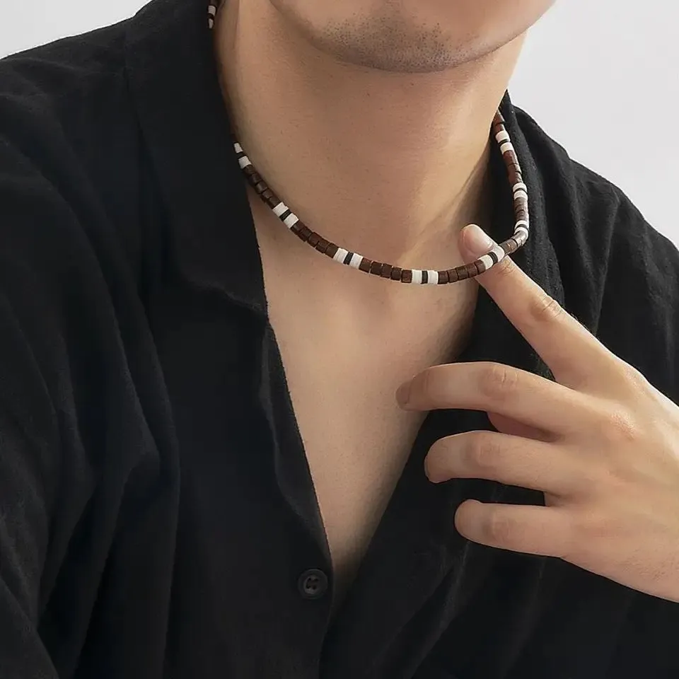 Bohemian Style Soft Pottery Piece Wood Beaded Choker Men Necklace Fashion Male Jewelry