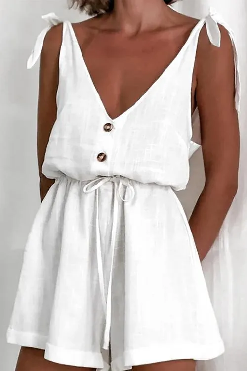 Bow Tie Drawstring V Neck Romper