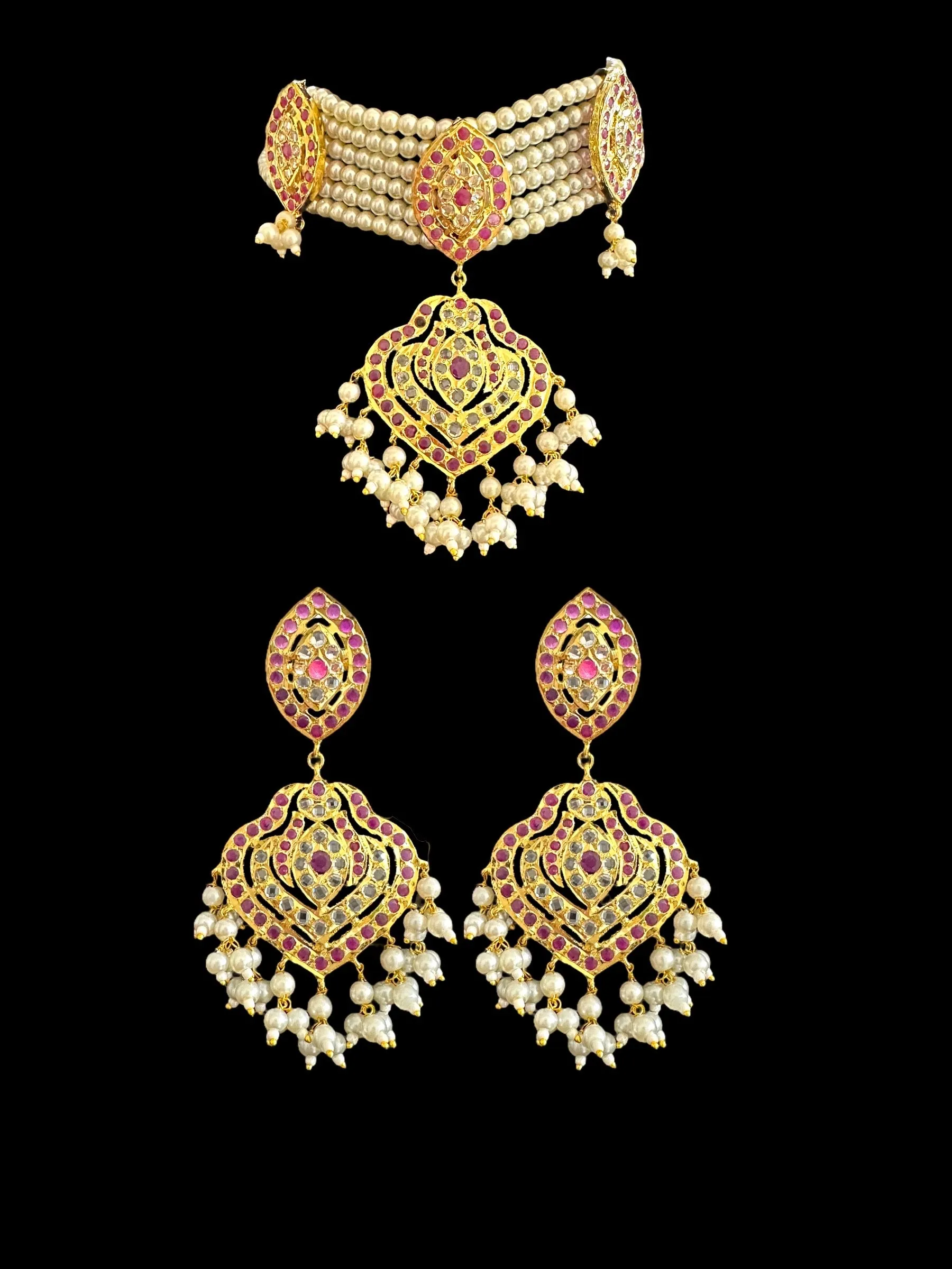 BR307 Gold plated bridal set with earrings tika in ruby ( READY TO SHIP)