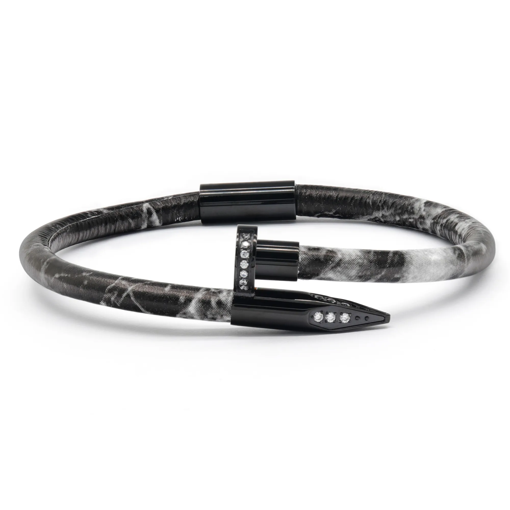 Bracelet Black Nail with Zircon Diamond - Black Leather