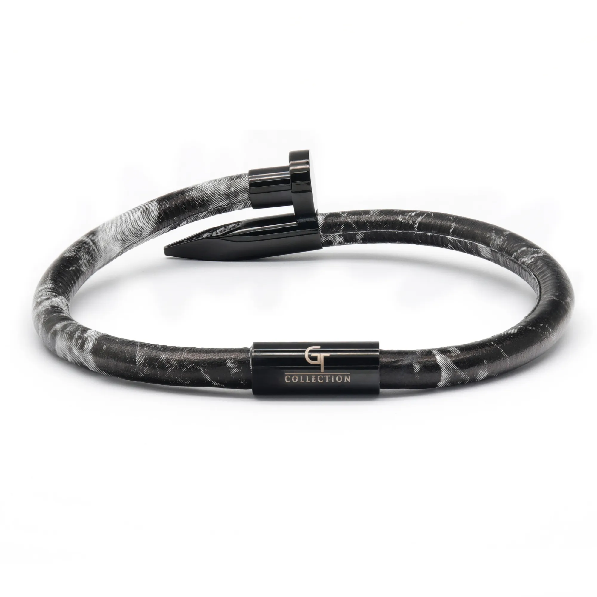 Bracelet Black Nail with Zircon Diamond - Black Leather