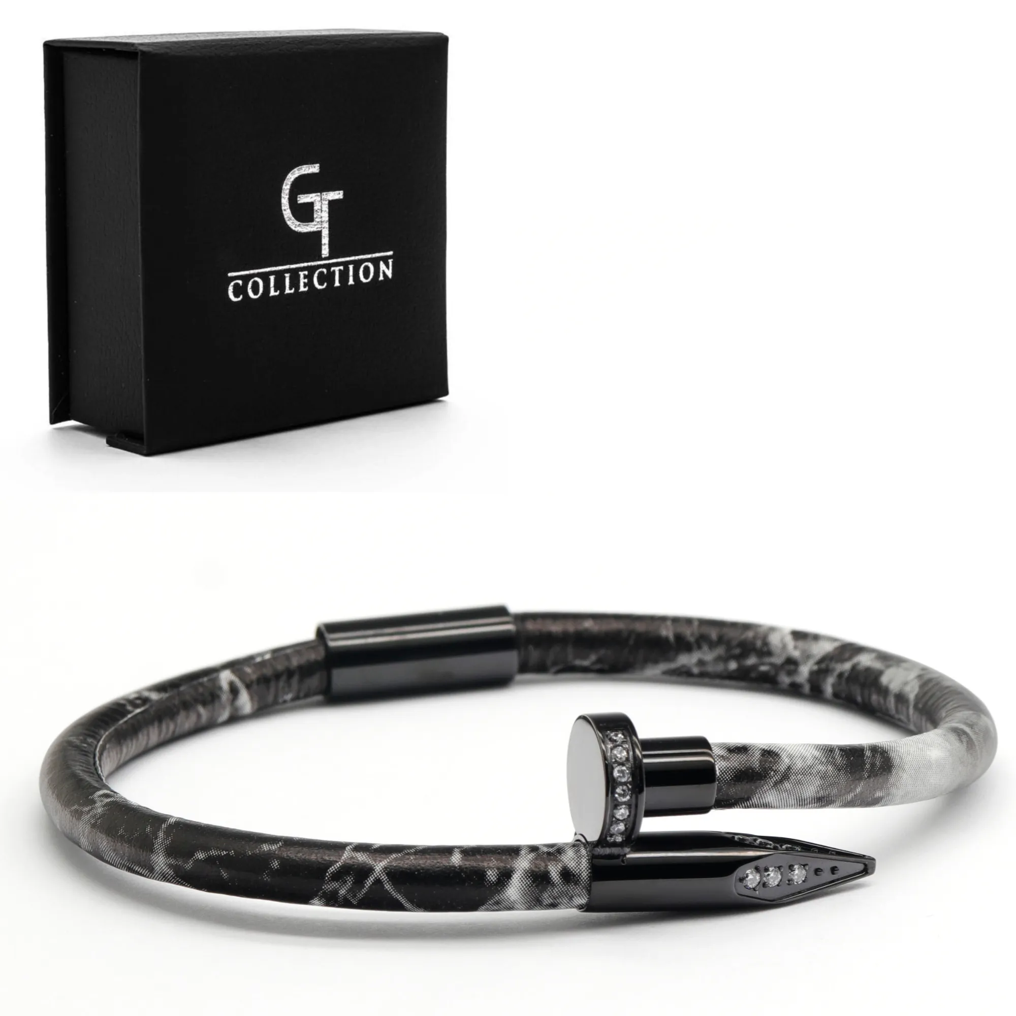 Bracelet Black Nail with Zircon Diamond - Black Leather