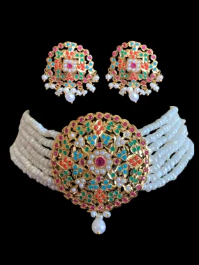 C126 Navratan jadau choker in fresh water pearls (SHIPS IN 4 WEEKS)