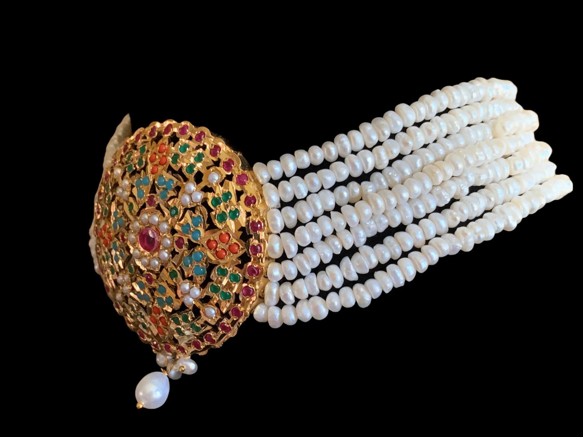 C126 Navratan jadau choker in fresh water pearls (SHIPS IN 4 WEEKS)