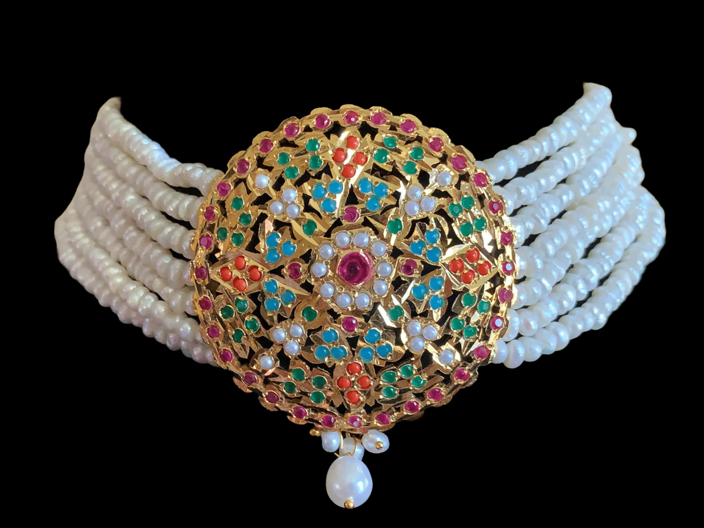 C126 Navratan jadau choker in fresh water pearls (SHIPS IN 4 WEEKS)