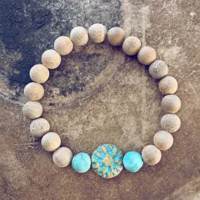 calm // blonde silkwood turquoise and czech glass mala bead bracelet