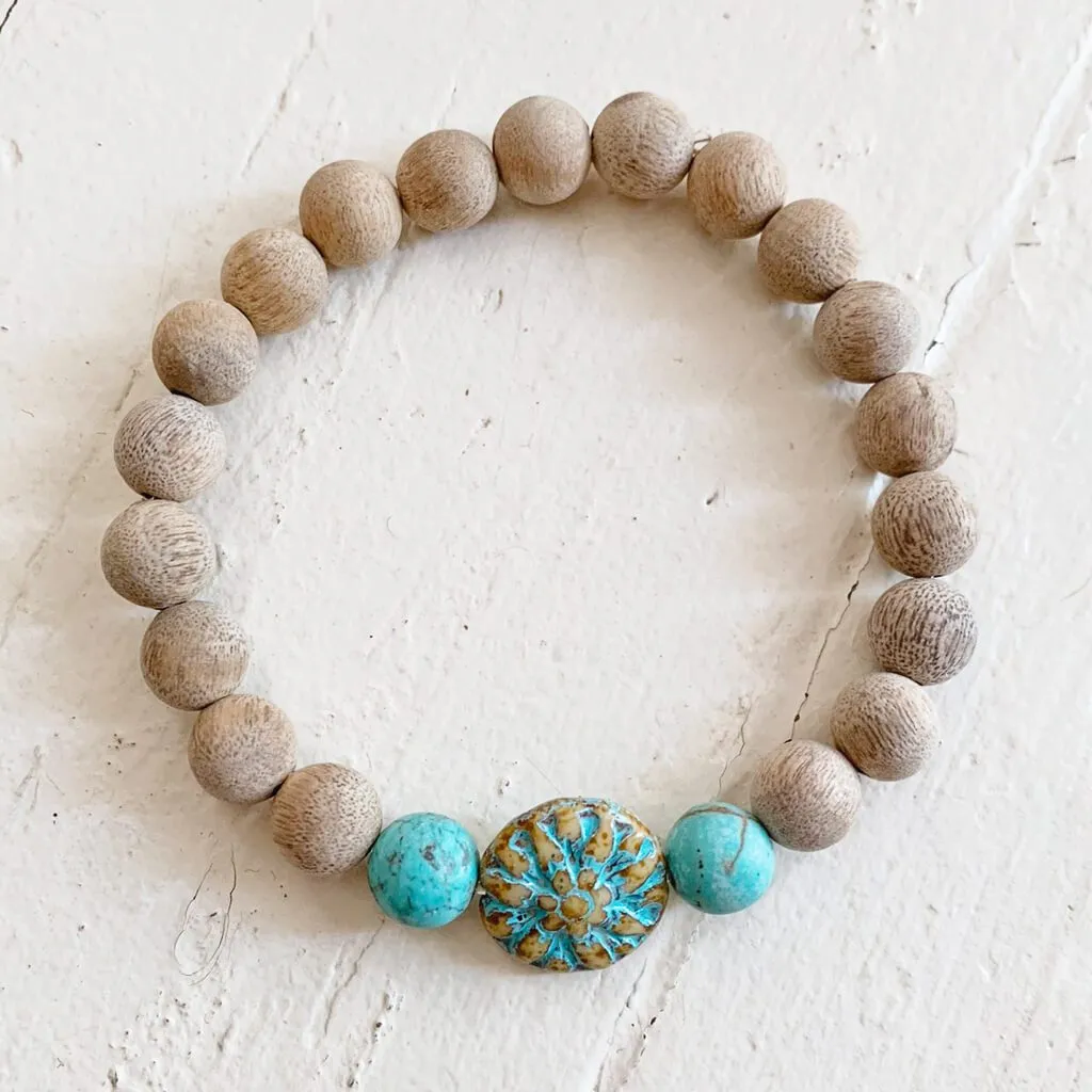 calm // blonde silkwood turquoise and czech glass mala bead bracelet