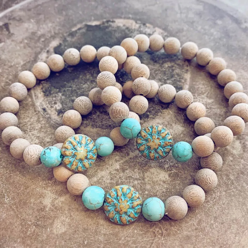 calm // blonde silkwood turquoise and czech glass mala bead bracelet