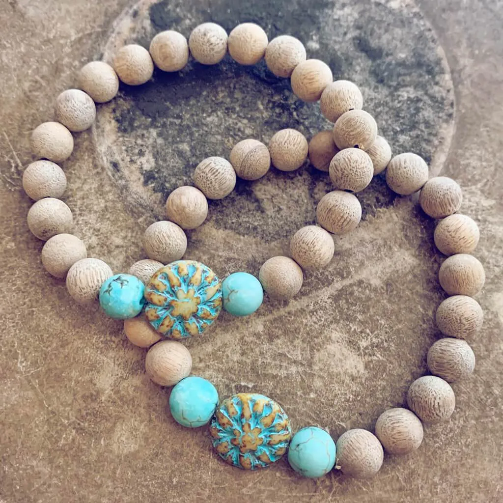 calm // blonde silkwood turquoise and czech glass mala bead bracelet