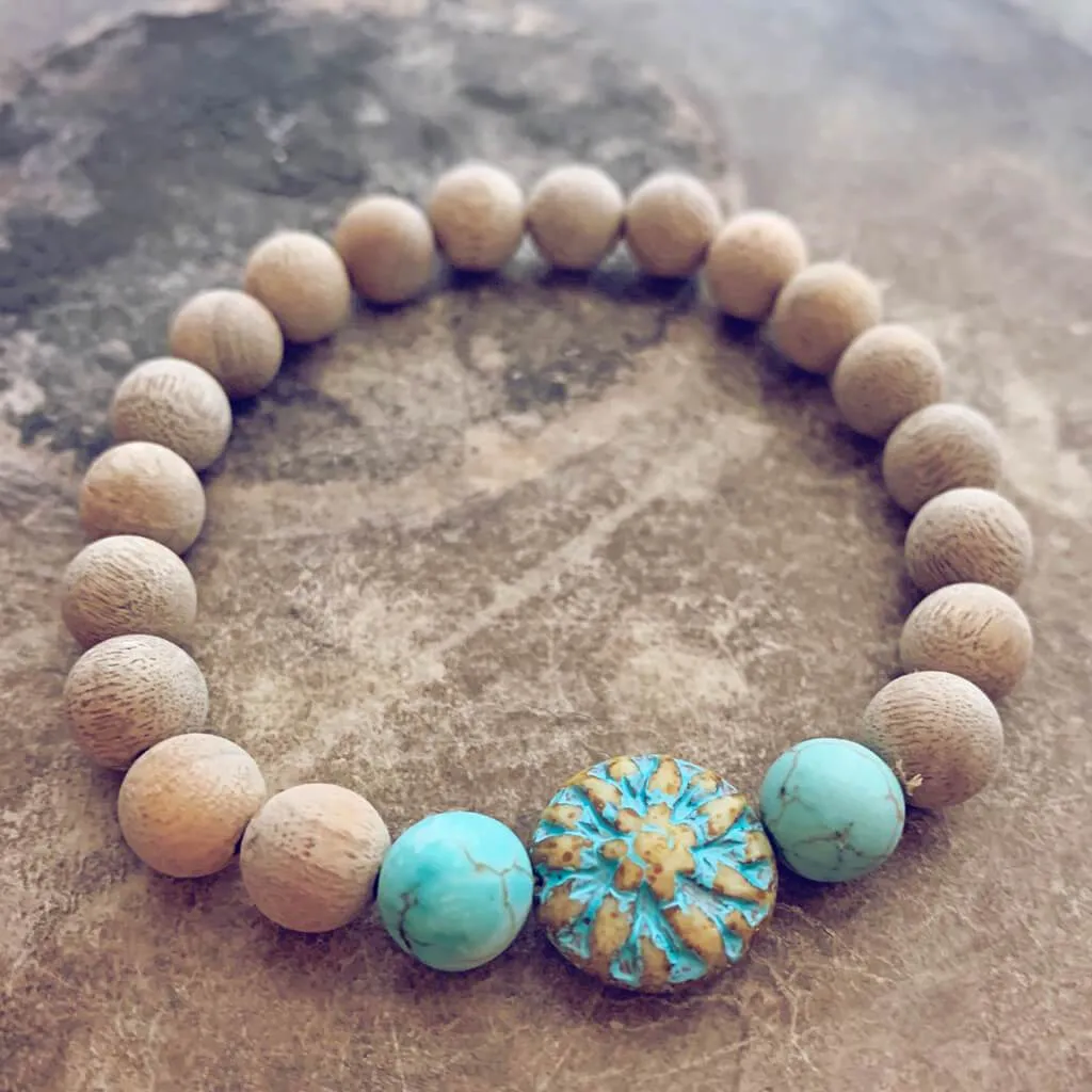 calm // blonde silkwood turquoise and czech glass mala bead bracelet