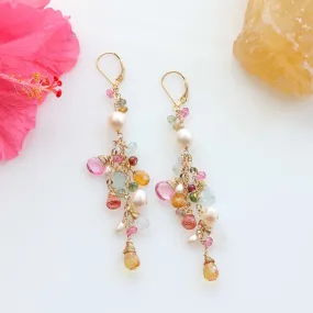 Camille - Multi Gemstone and Pearl Gold Cluster Earrings