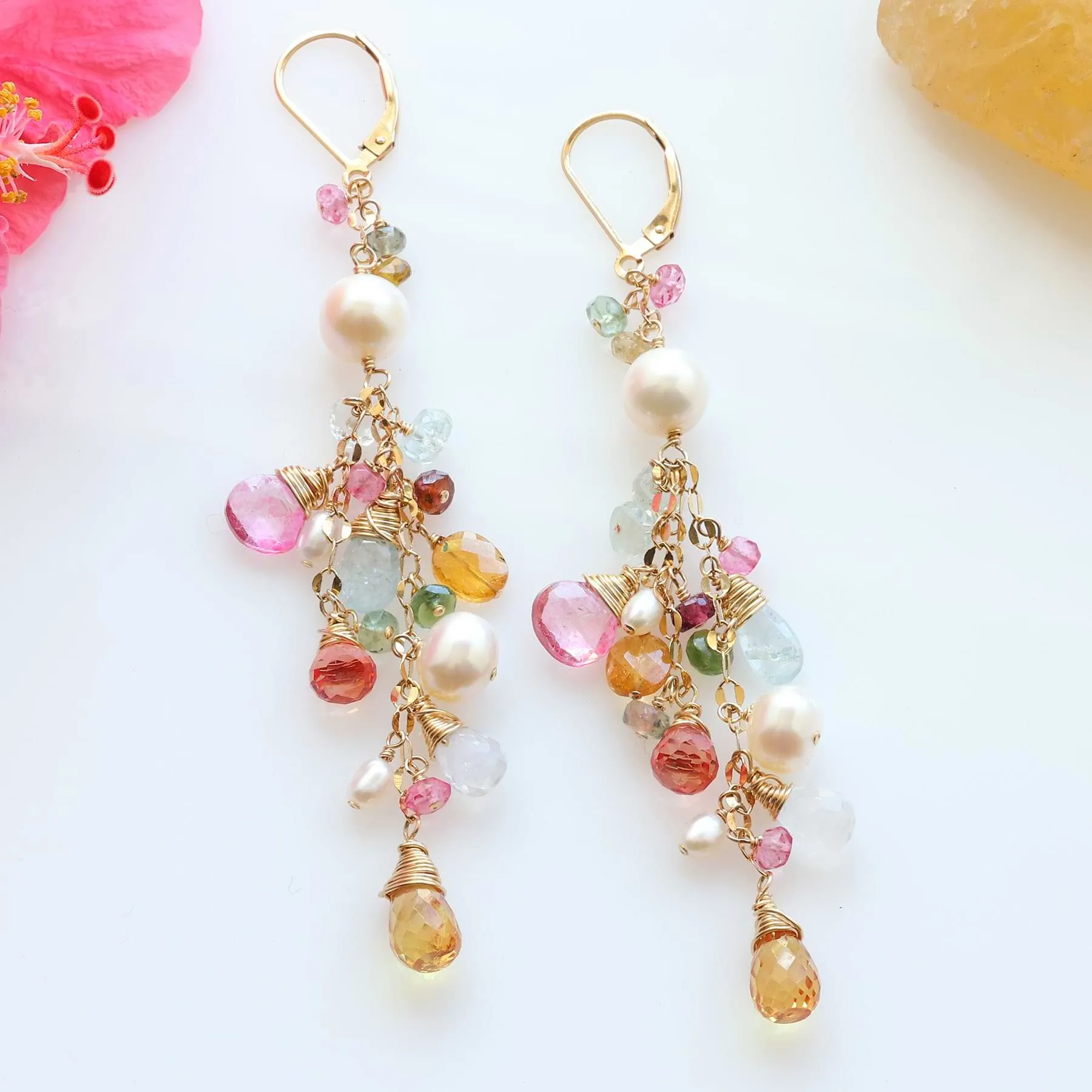 Camille - Multi Gemstone and Pearl Gold Cluster Earrings