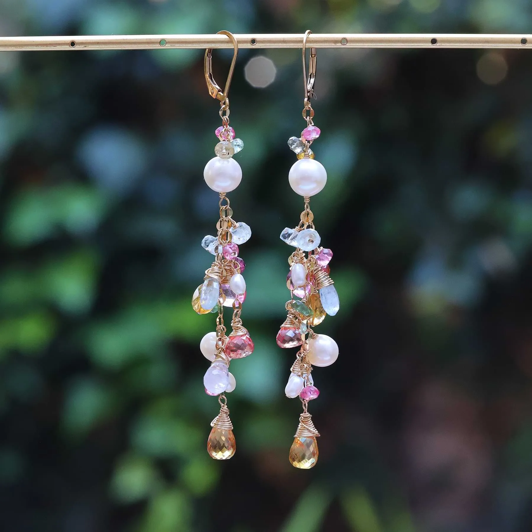 Camille - Multi Gemstone and Pearl Gold Cluster Earrings