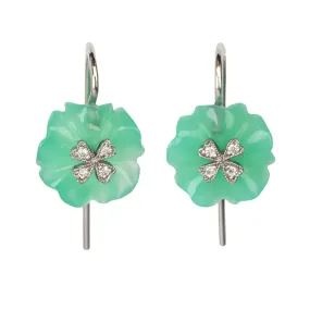 Carved Chrysoprase Wildflower Earrings with Platinum & Diamond Overlay