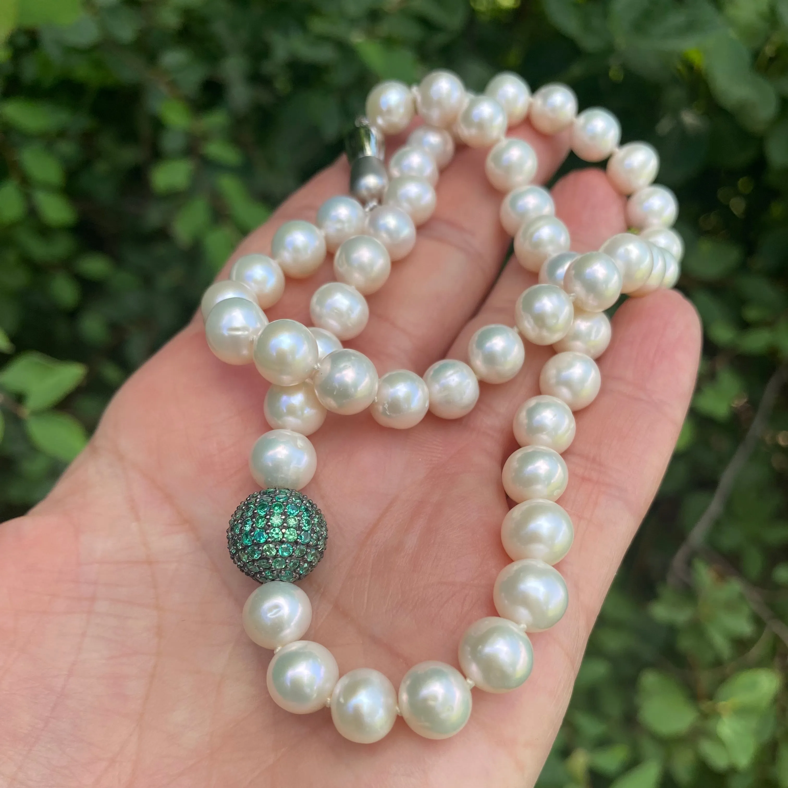 Classic White Pearls Necklace with Emerald Green Cubic Zirconia Pave Silver Ball Accent & Magnetic Clasp,18in