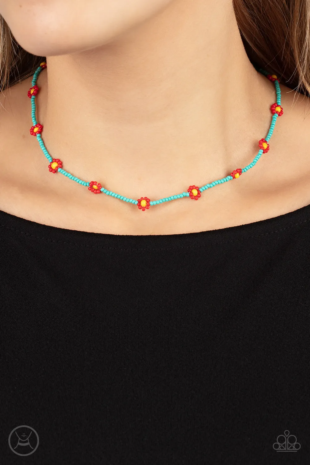 Colorfully Flower Child - Blue Choker Necklace