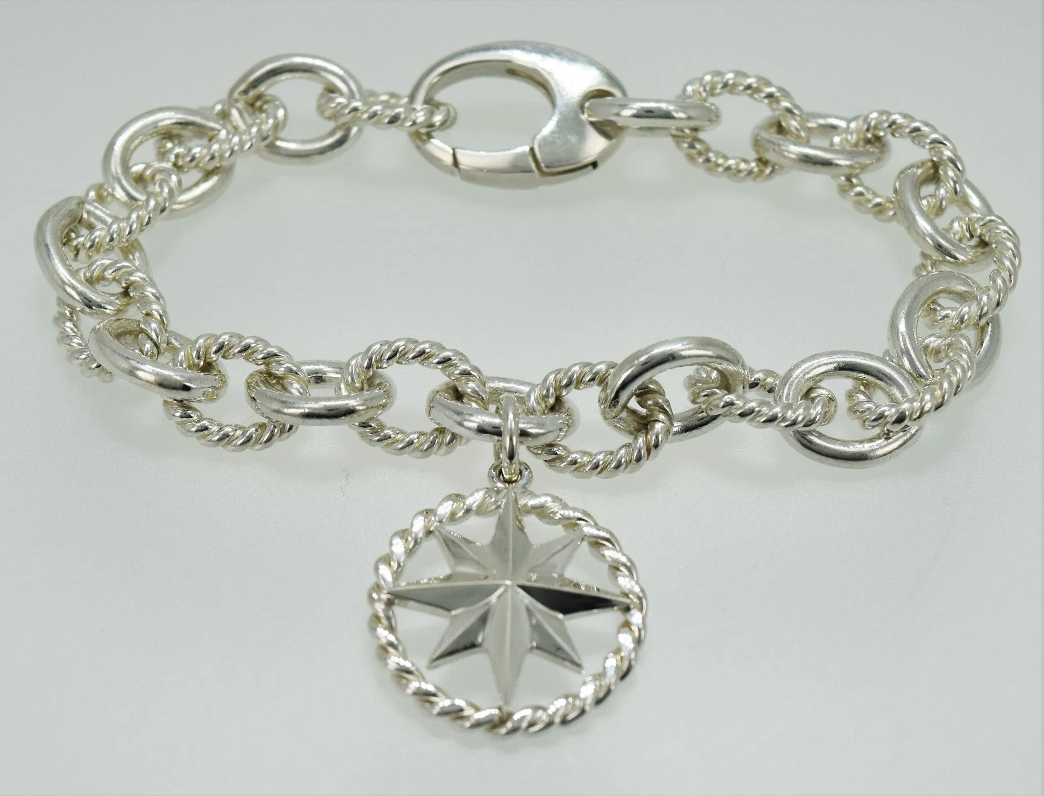 Compass Rose Sterling Silver Bracelet with Grande Rope Rim Compass Charm