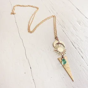 cosmic sky // crescent moon, sun, triangle & beach glass necklace