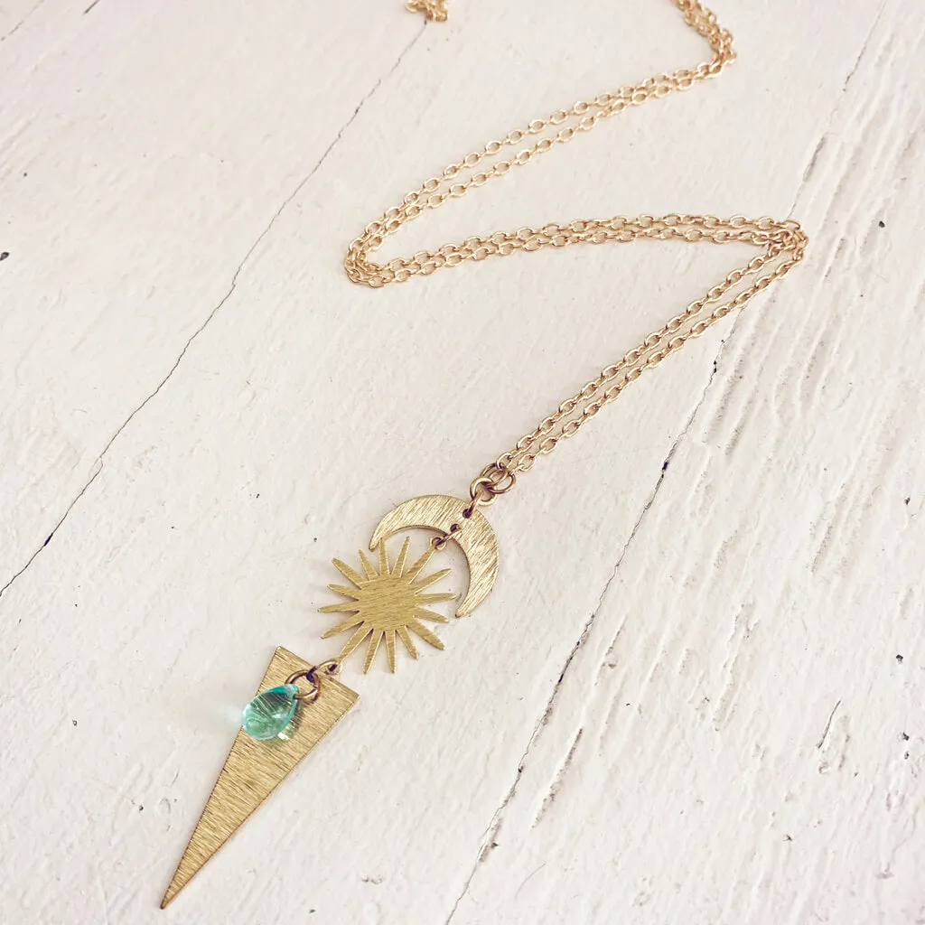 cosmic sky // crescent moon, sun, triangle & beach glass necklace