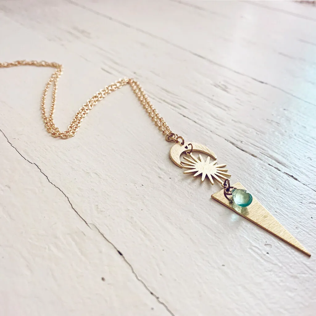 cosmic sky // crescent moon, sun, triangle & beach glass necklace