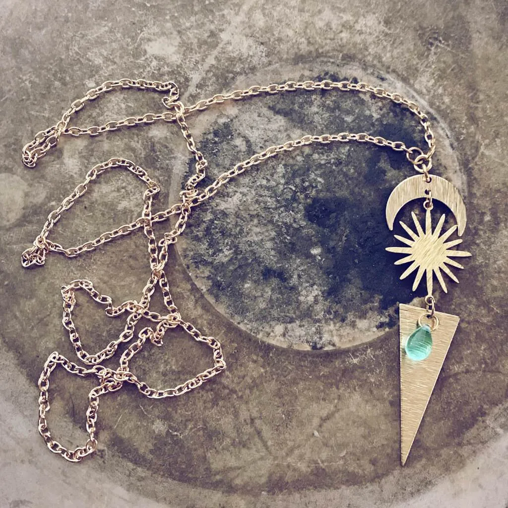 cosmic sky // crescent moon, sun, triangle & beach glass necklace