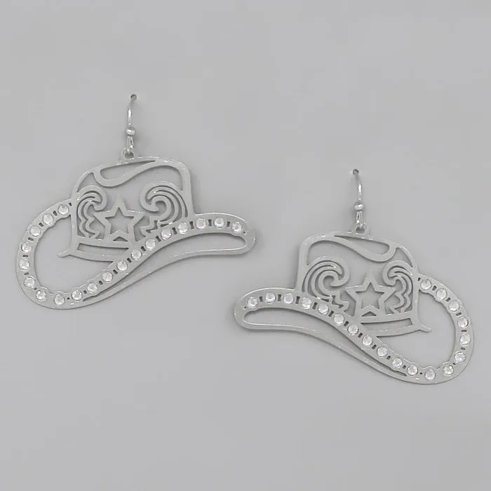 Cowboy Hat Glass Stone Embellished Filigree Earrings