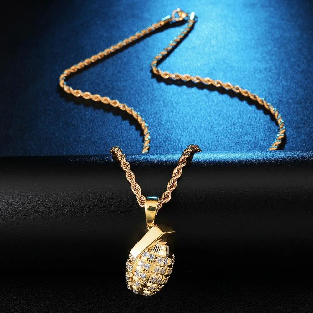 Cubic-Zirconia-Studded Gold-Plated Grenade Bling Hip-hop Pendant Necklace