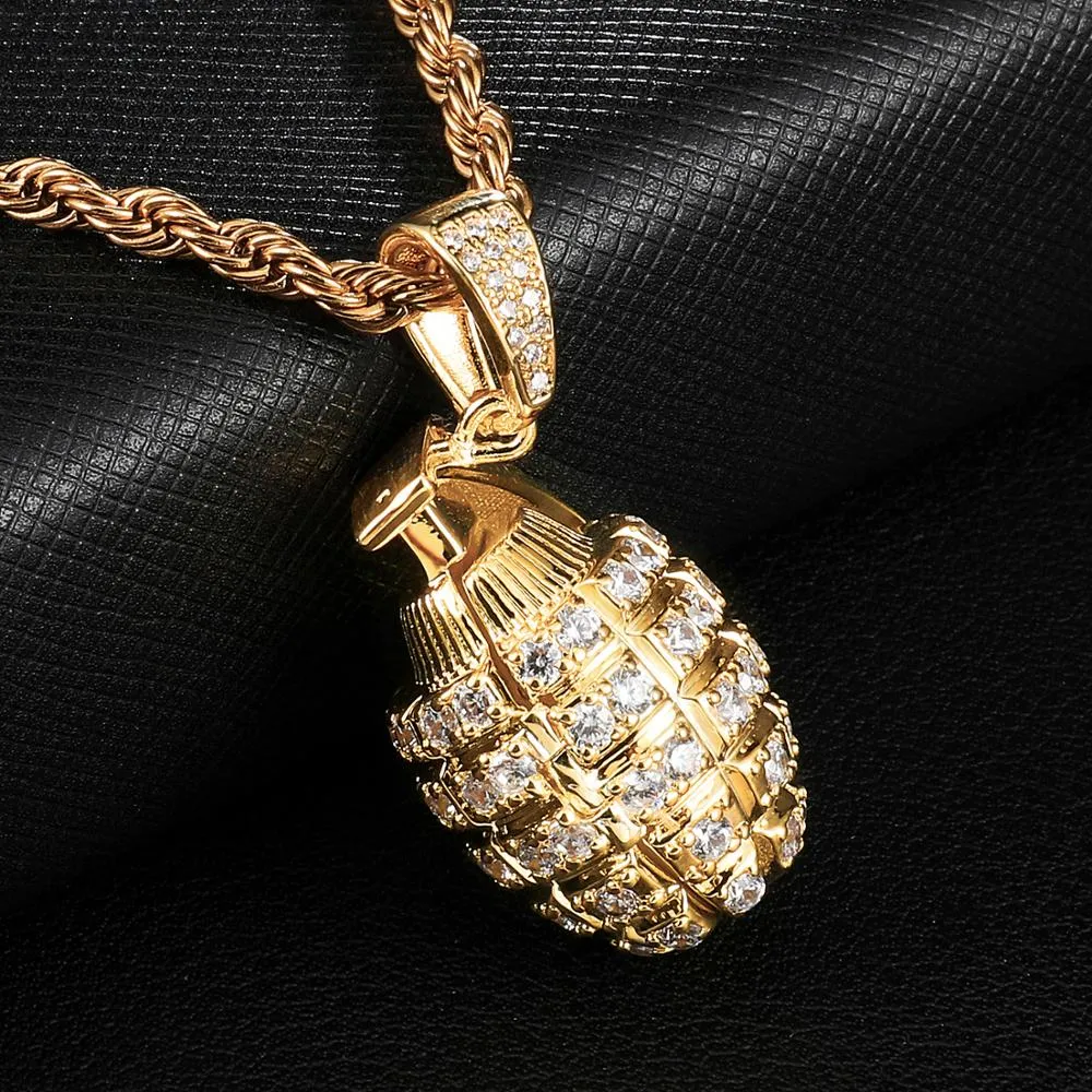 Cubic-Zirconia-Studded Gold-Plated Grenade Bling Hip-hop Pendant Necklace