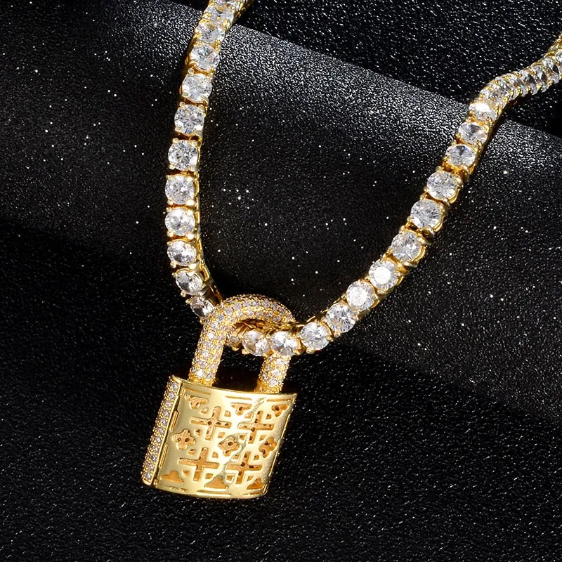 Cubic-Zirconia-Studded Lock Bling Hip-hop Pendant Necklace