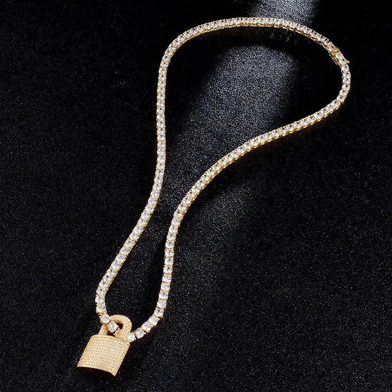 Cubic-Zirconia-Studded Lock Bling Hip-hop Pendant Necklace