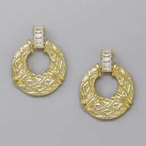 CZ Pave Bar Textured Hoop Drop Earrings