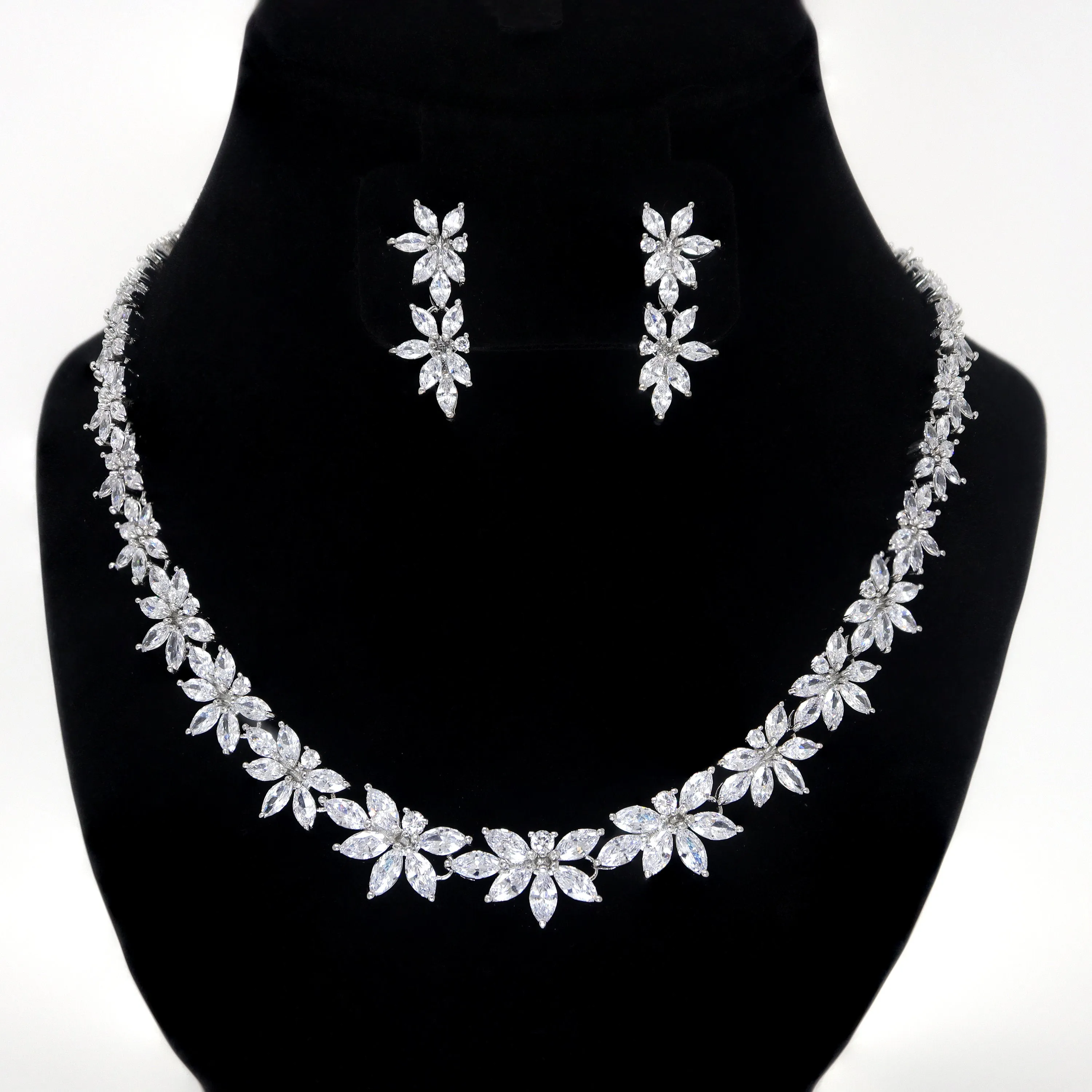 Diamond/ Swarovski Crystal Elegant Floral Vine Necklace Set, Long Bridal Jewelry Set, Crystal Bridal Earrings, Statement Earrings