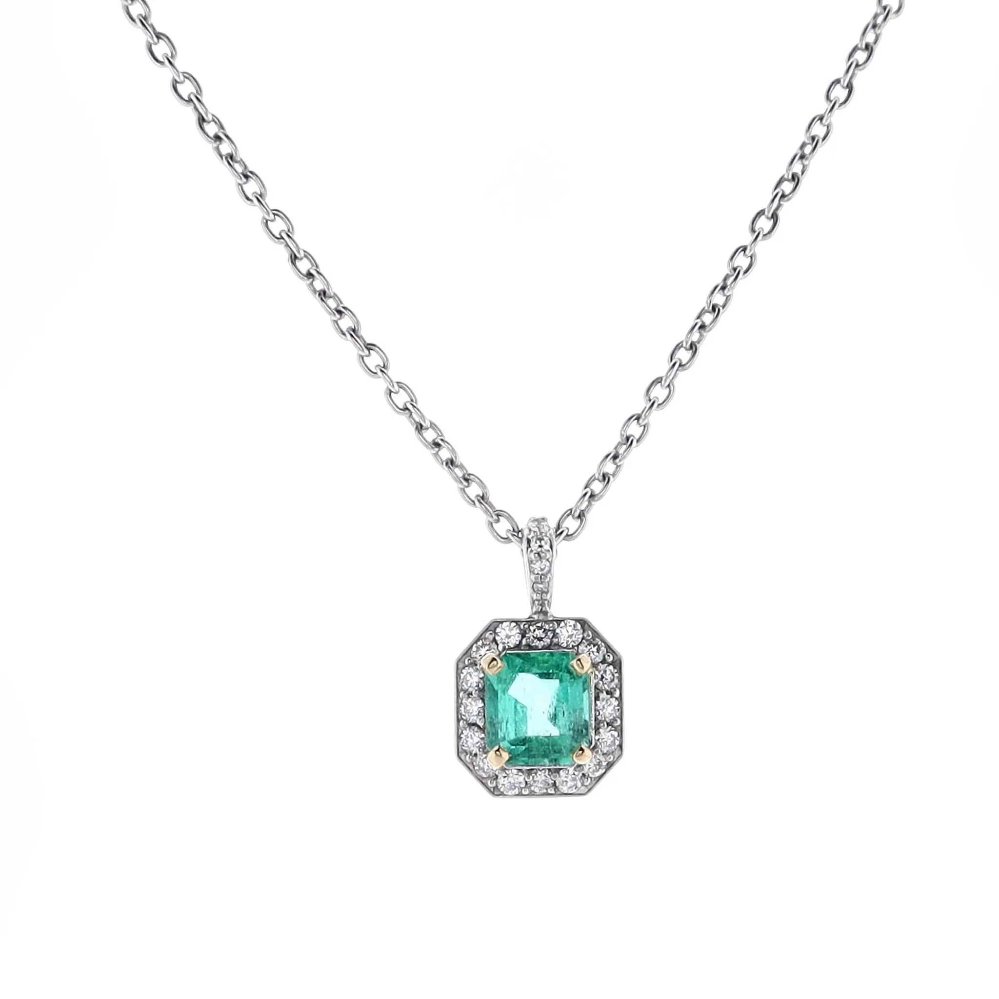 Estate Platinum Emerald Pendant with Diamond Surround 17 Chain Necklace