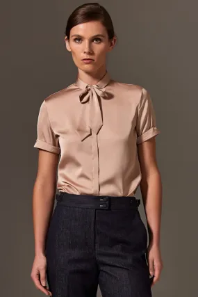 Eva Short Sleeve Blouse - Nude Silk Stretch