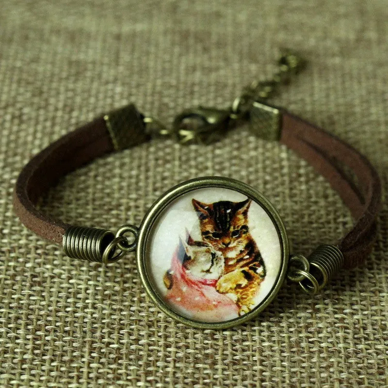 Glass Galaxy Cat Leather Bracelet