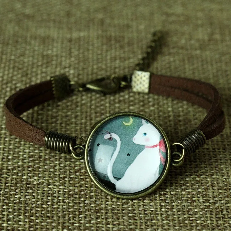 Glass Galaxy Cat Leather Bracelet