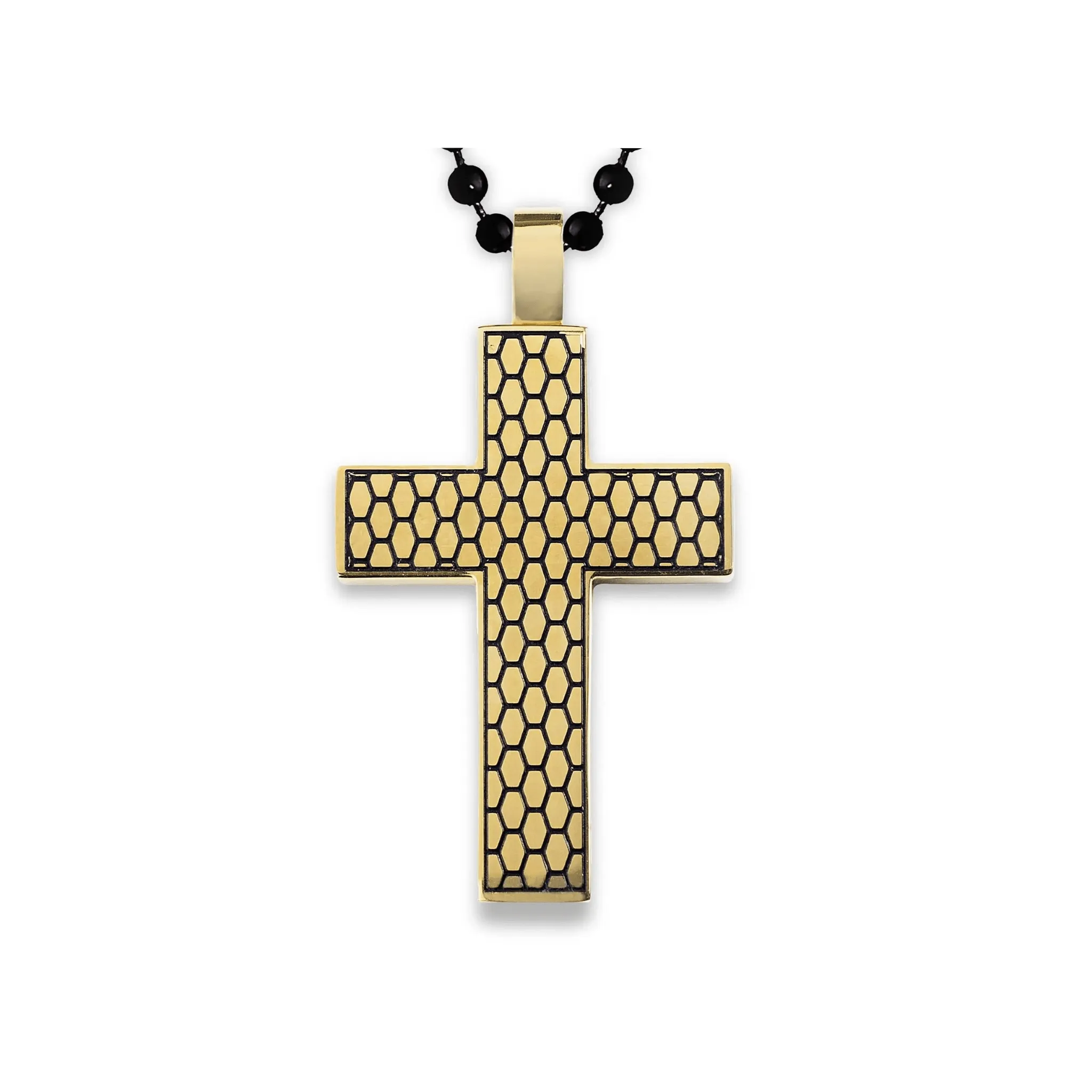 Gold Plated Two-Tone Stainless Steel Honeycomb Texture Cross Pendant Necklace