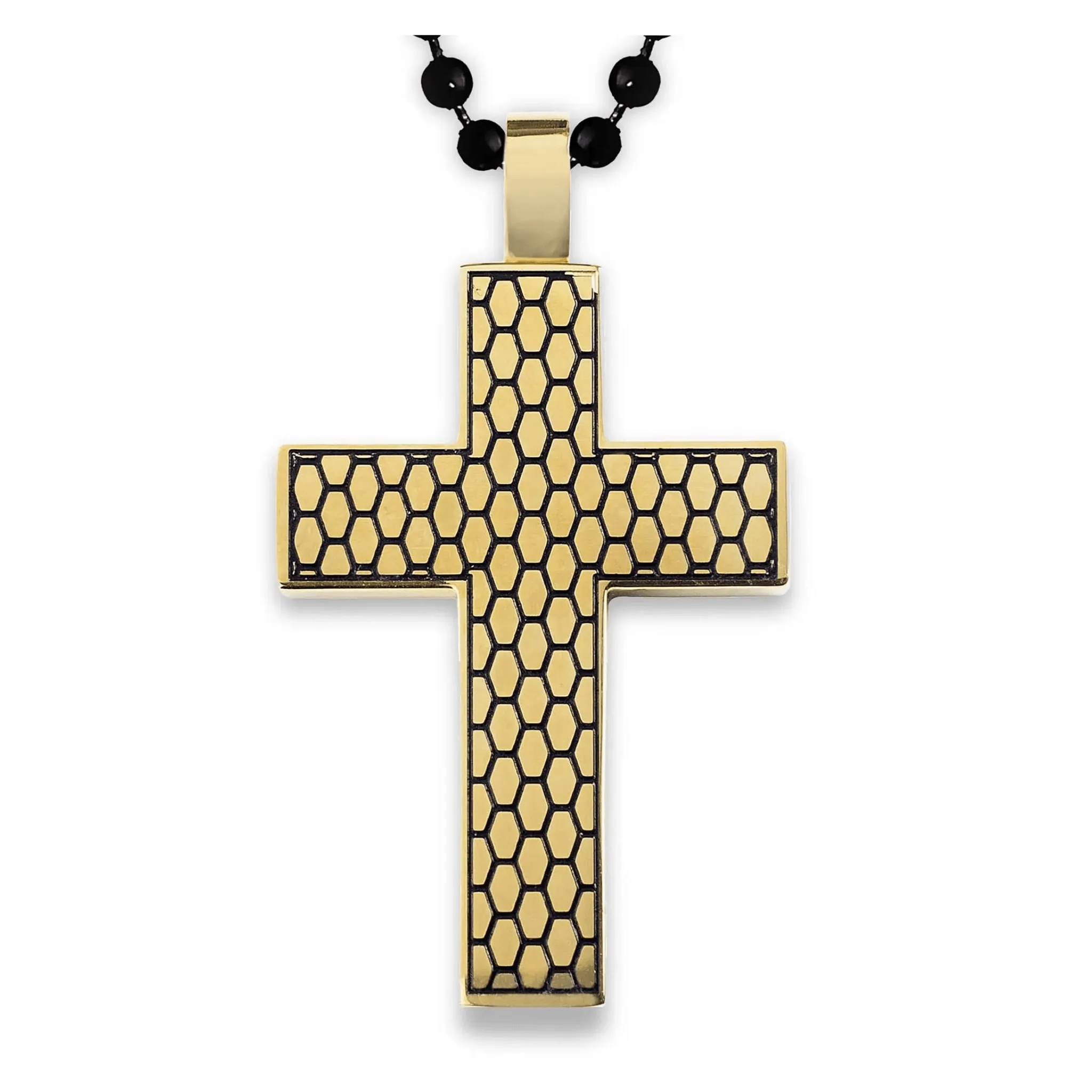 Gold Plated Two-Tone Stainless Steel Honeycomb Texture Cross Pendant Necklace