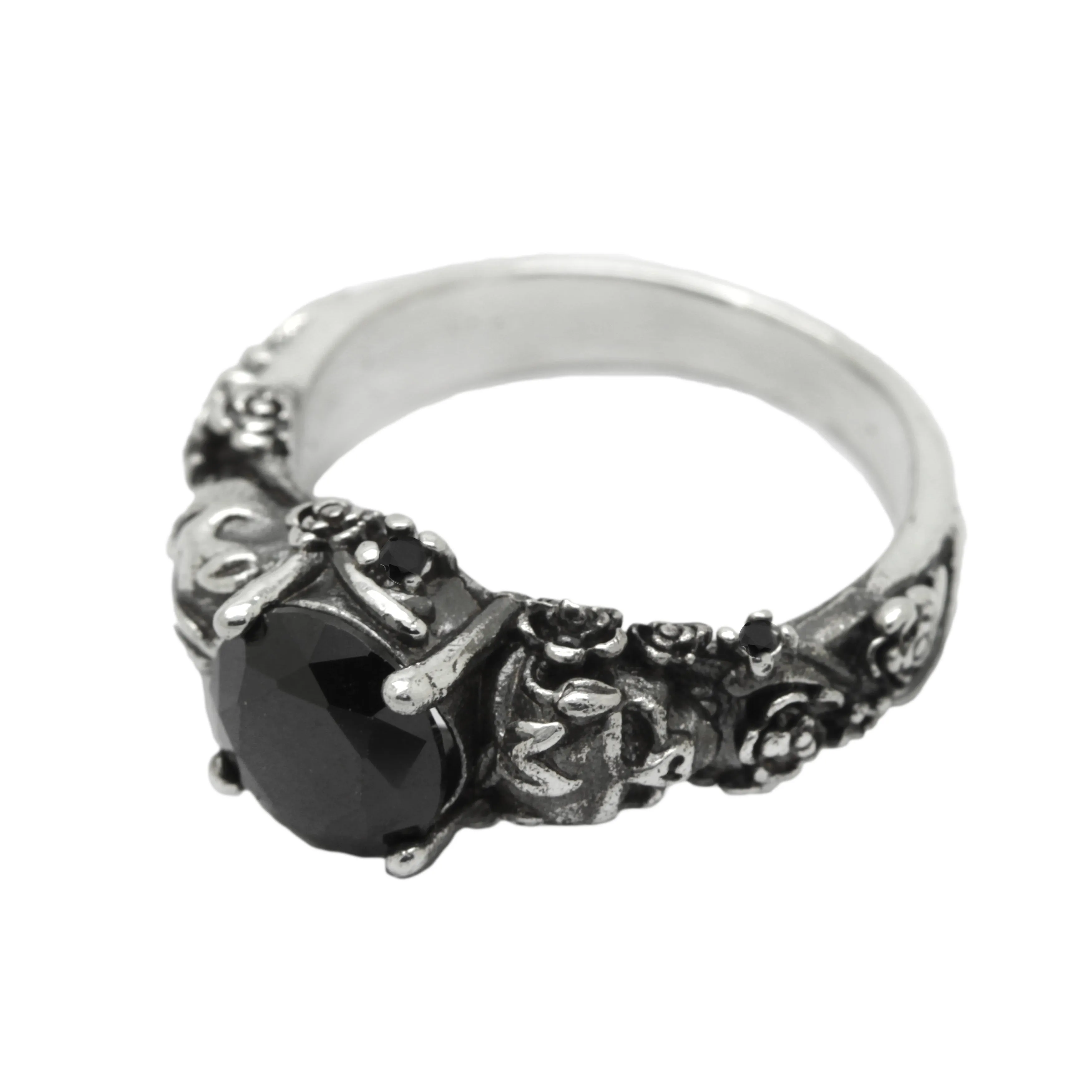 Gothic Skull and Roses, Black Round Gemstone, Skeleton Sterling Silver Ring, Love to Death