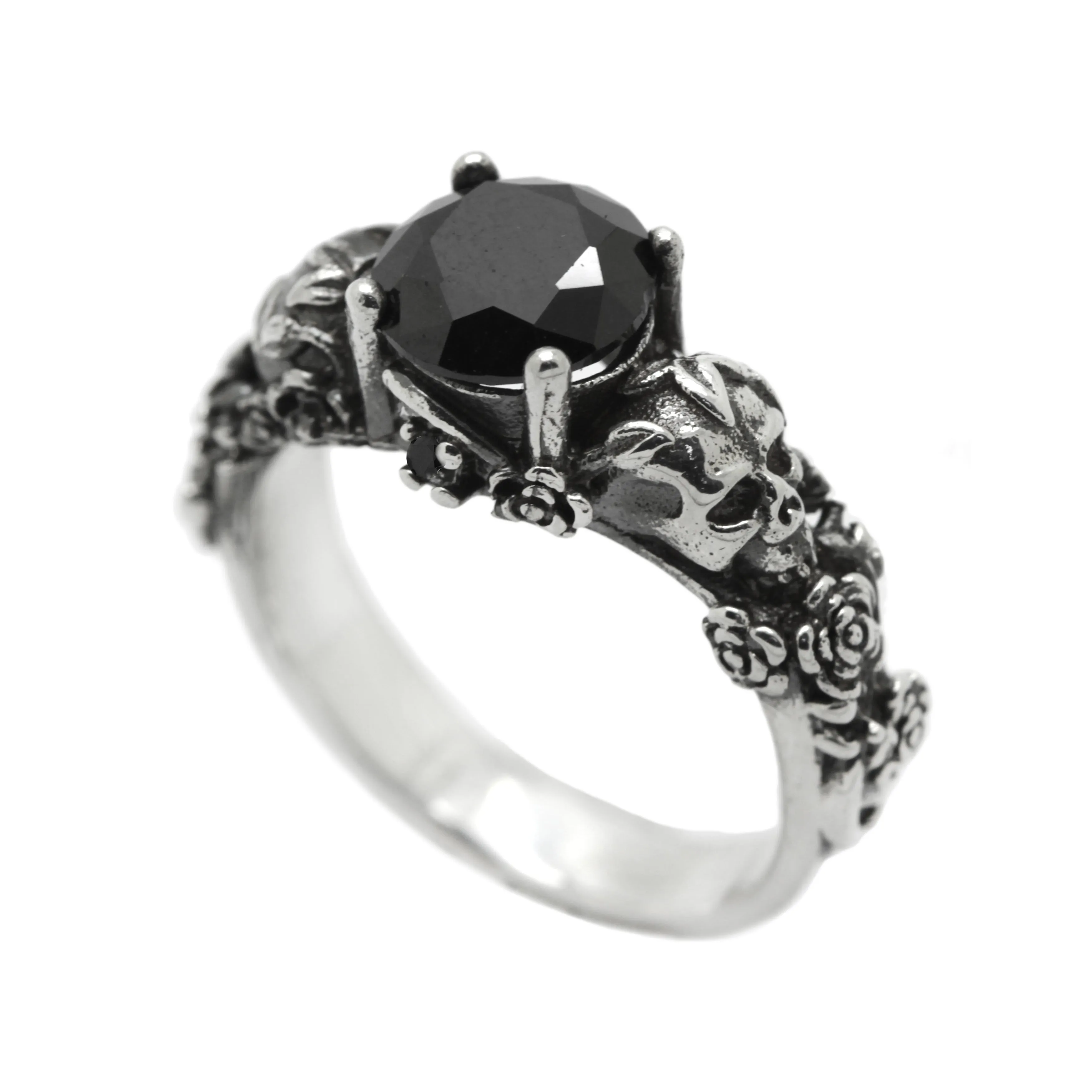 Gothic Skull and Roses, Black Round Gemstone, Skeleton Sterling Silver Ring, Love to Death